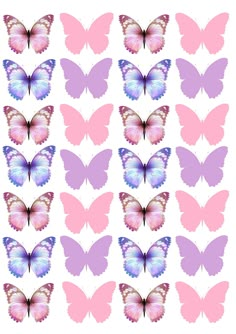 a group of pink and purple butterflies on a white background with the same color scheme