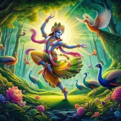 the god is dancing in the forest surrounded by birds and peacocks, with his arms outstretched