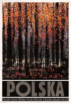 an advertisement for polish film polska, with trees in the foreground and orange leaves on the ground