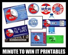 several business cards and stickers with the words minute to win it printables