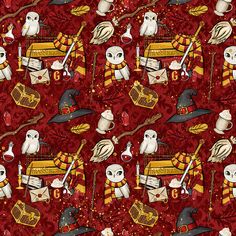 an image of harry potter fabric with owls and hogwarts on it, all in red