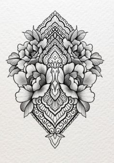 a black and white drawing of flowers with an intricate design on the bottom right corner