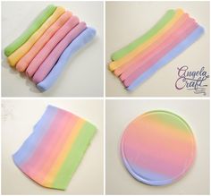 four pictures of different colors of cake icing on top of each other, including rainbows and pinks