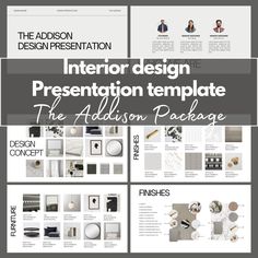 the interior design presentation template is shown in three different sections, including one for each section