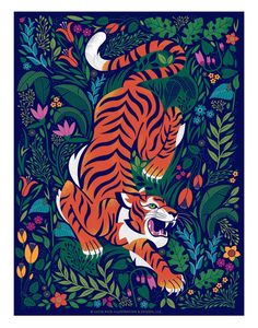 a tiger in the jungle surrounded by plants and flowers, on a dark blue background