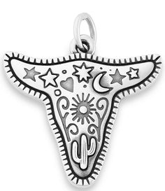 From James Avery&#x2C; this charm features:This addition to the Western Sky Collection by James Avery&#x2C; this sterling silver steer charm is a new adaptation of our much-loved Desert Rose Charm. Featuring hand-drawn Southwest motifs&#x2C; such as cactus&#x2C; stars&#x2C; moon&#x2C; and sun&#x2C; the charm is a testament to the rugged&#x2C; yet beautiful desert landscape. The longhorn steer remains a timeless expression of streng Longhorn Steer, Beautiful Desert, Sky Collection, James Avery, Desert Landscape, Desert Rose, South West, Adaptation, Bead Charms