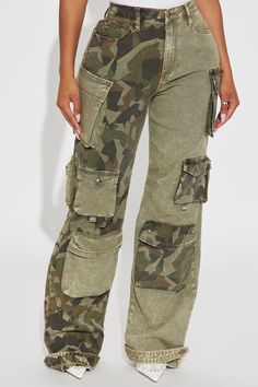 Available In Olive/combo. Cargo Pant Mid Rise Button Zipper Closure Colorblock Camo Print Wide Leg Pockets Ankle Strap Detail Stretch 34" Inseam Tall Inseam Disclaimer: Due To The Specialized Wash Process, Each Garment Is Unique. 97% Cotton 3% Spandex Imported | Tall Upgrade You Wide Leg Cargo Pant 34 in Olive Green size 3X by Fashion Nova Ripped Baggy Jeans, Black Flare Jeans, Distressed Mom Jeans, Cargo Pants Outfit, Camo Cargo Pants, Swimming Outfit, Black Flare, Forest Park, Fashion Nova Jeans