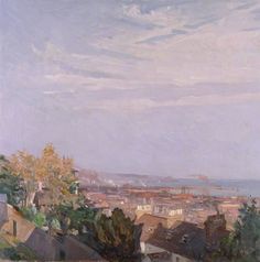 an oil painting of a city with lots of buildings and trees in the foreground