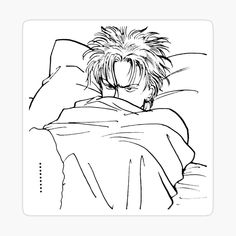 a black and white drawing of a person laying in bed with his head on the pillow