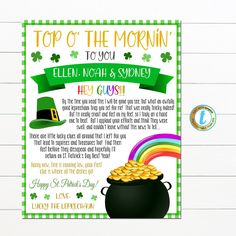 St. Patrick's Day Letter From The Leprechaun, Kids St Patty's Day Note, Lucky Adventure Treat, DIY Editable Template Letter From Leprechaun, Leprechaun Party, Leprechaun Letter, Clue Cards, Scavenger Hunt Clues, The Leprechaun, Vocabulary Book