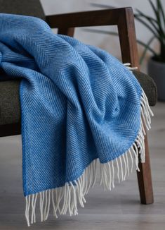 a blue and white blanket sitting on top of a chair next to a potted plant