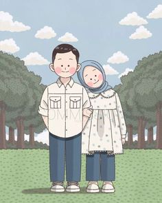 two people standing next to each other in the grass with trees and clouds behind them