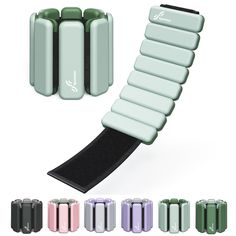 an assortment of different colors and shapes of yoga rollers with black rubber pad on each side