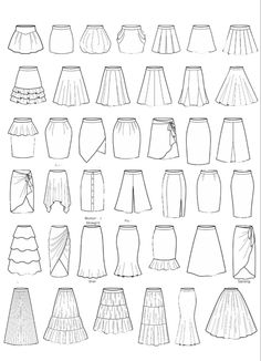 different types of skirts are shown in black and white, as well as the skirt pattern