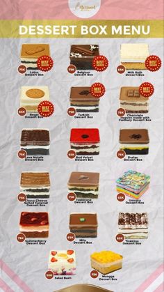 the dessert box menu is shown with different types of cakes and deserts on it's side