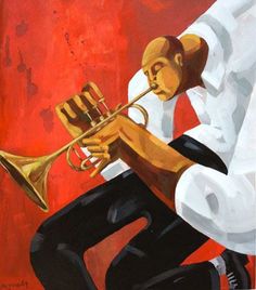 a painting of a man playing a trumpet in front of a red wall with black pants