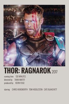 the poster for thor ragnarok is displayed in front of a crowd with blood on his face