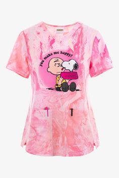 Tooniforms Perfect Friend Charlie Brown & Snoopy Women s 2-Pocket STRETCH V-Neck Print Scrub Top • Contemporary fit • V-neck • 2 front patch pockets • Short sleeve • Front princess seams • Front vents at princess seams • Shirttail hem �• From the Peanuts comic strip, Charlie Brown feeding Snoopy and You Make Me Happy on a marbleized pink background • Approximate length for size M is 27 3 4 • Manufacturer style TF770-PNER Made with a sustainable poly-spandex blend, our Tooniforms scrubs are the pe Charlie Brown Shirt Pattern, Brown Scrubs Uniform, Snoopy Pjs, Snoopy Pajamas For Women, Beautiful Cartoon, Charlie Brown Snoopy