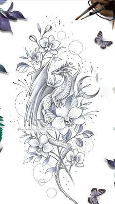 a dragon with flowers and butterflies on it