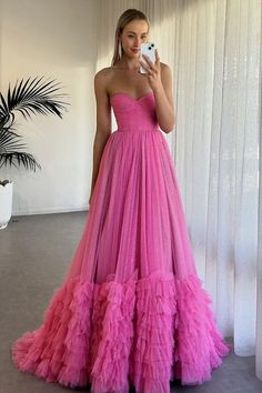 Strapless Corset Ruffles Tulle Fuchsia Long Prom Dress PSK580-Pgmdress Fuchsia Prom Dress, Blue Mermaid Prom Dress, Prom Dress A Line, Ruffle Long Dress, Hot Prom Dress, Gala Gown, Long Sleeve Homecoming Dresses, Formal Prom Dresses Long, Prom Dress Inspo