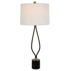 Uttermost Separate Paths Iron Table Lamp By Casagear Home Modern Black Table Lamps, Iron Table Lamp, Contemporary Fire Pit, Uttermost Lamps, Tall Table Lamp, Marbling Fabric, Tall Table Lamps, White Linen Fabric, Transitional Table Lamps