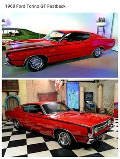 two pictures of the same car in different stages of being restored, one is red and the other is black