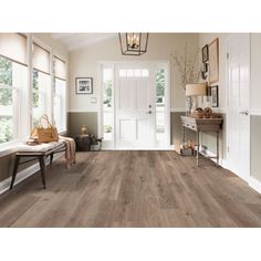 a living room scene with focus on the flooring and the entryway to the house