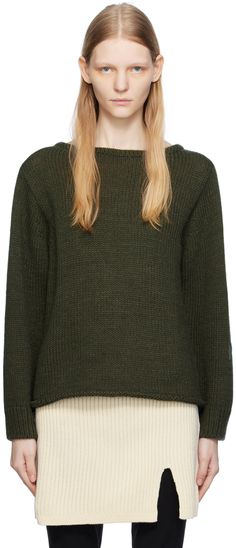 Knit wool-blend sweater. · Boat neck · Rolled edge at hem · Rib knit cuffs Supplier color: Dark green Boat Neck Sweater, Boatneck Sweater, Wool Blend Sweater, Knit Cuff, Knitwear Women, Boat Neck, Neck Sweater, Alexander Mcqueen, Dark Green