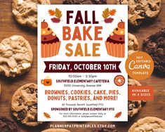 a flyer for a fall bake sale with cookies and pumpkins on the table