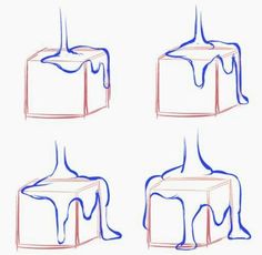 four stages of how to draw an ice cream box with blue and red lines on it