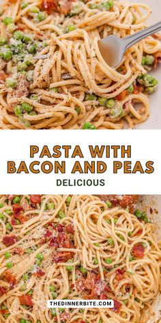 pasta with bacon and peas in a white bowl