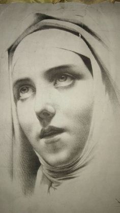 a pencil drawing of a woman's face with a veil on her head and nose