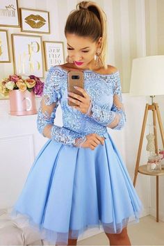 Blue Off the Shoulder Lace Appliqued Tulle Homecoming Dress with Long Sleeves N1866 Tulle Short Dress, Robes D'occasion, Mini Prom Dresses, Tulle Homecoming Dress, Blue Homecoming Dresses, Blue Tulle, Short Homecoming Dress, Lace Homecoming Dresses, Short Lace Dress