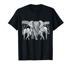 an elephant family t - shirt with trees in the background and white ink on black