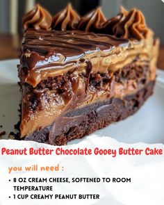 a piece of chocolate gooey butter cake on a plate with the words, peanut butter chocolate gooey butter cake you will need