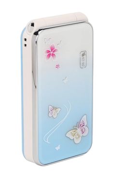 a white and blue case with butterflies on the front, and pink flowers on the back