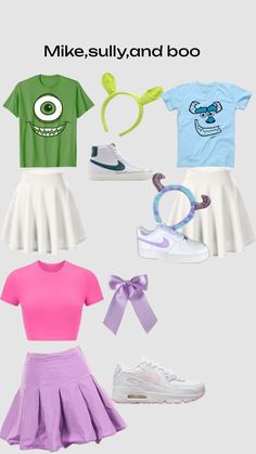 an assortment of clothing and accessories for girls with the words mike sully and boo on them