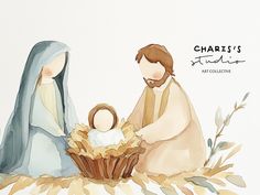 a watercolor painting of two people and a baby jesus