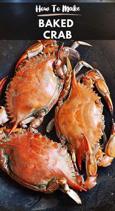 three crabs are sitting in a frying pan