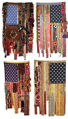 four different pieces of cloth hanging on a wall with an american flag in the middle