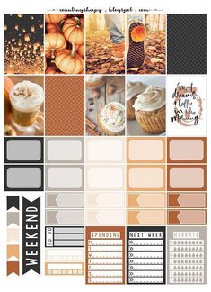 a collage of photos with pumpkins, coffee and other things on it's side