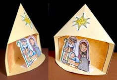 two pictures of the nativity scene in paper