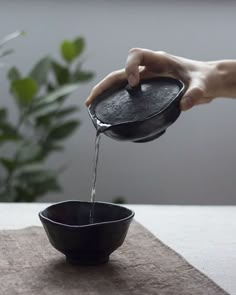 a person pouring water into a black bowl on top of a wooden table next to a potted plant