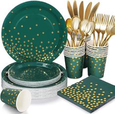 green and gold polka dot paper plates, cups, napkins and forks are arranged in front of each other