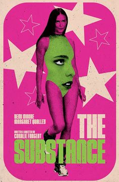 the substance movie poster with an image of a woman in a bathing suit and stars