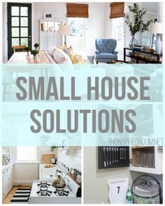 the words small house solutions are overlaided with images of different rooms and furnishings