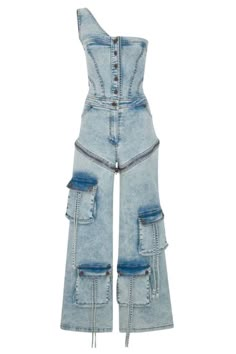 This signature denim jumpsuit features an asymmetrical shoulder, hidden side zippers, and a firmly fitted, bold top. Roughly detailed zippers line the legs of the garment, adding an edgy accent for an extra dose of style. - Jumpsuit with Rough Zippers on Legs- Zipper & Button- One Shoulder- Fitted Top - True to Size - Handmade in Turkey- 58% PRCO 21% RPES 19% VI 2% EA- Model Wears Size 34 Denim Jumpsuits, Classy Suits, Style Jumpsuit, Denim Inspiration, Fitted Top, Denim Design, Denim Jumpsuit