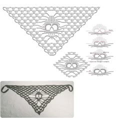 the crocheted triangle is shown in three different sizes and shapes, including one for each