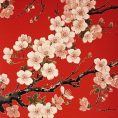 a painting of flowers on a red background with leaves and branches in the foreground