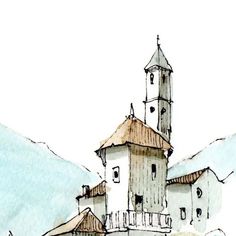 an ink drawing of a church in the mountains